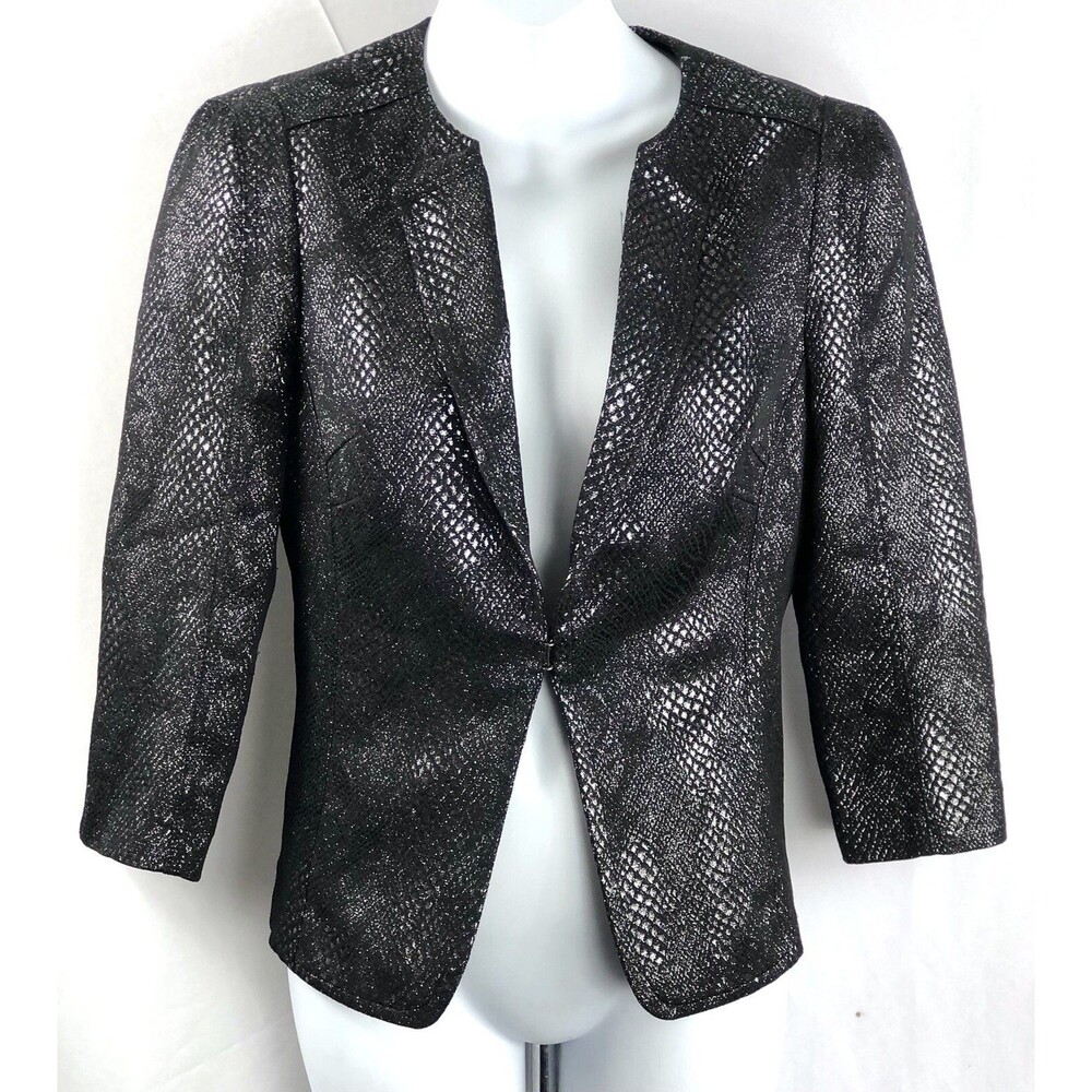 Express Blazer Jacket 4 Black Snake Metallic Hook Front 3/4 Sleeves Lapel Lined